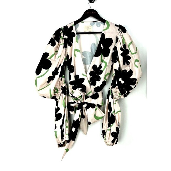 Alexandra Bueno Manglar Rebecca Shirt Women Sz L Pink Black Puff Sleeve Wrap Top - Picture 5 of 12